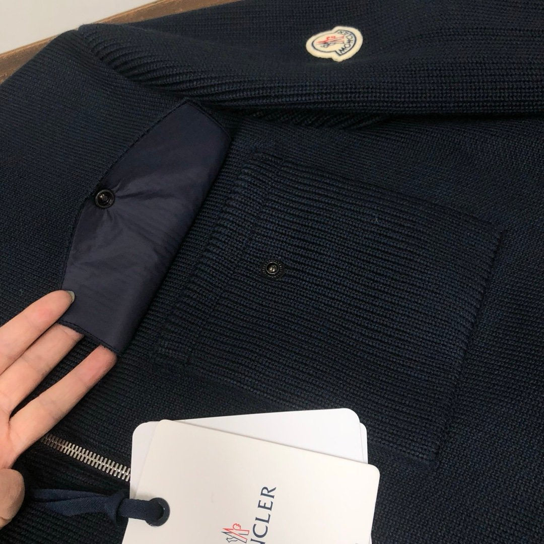 Moncler Navy Zip-Up Down Cardigan Jacket In Navy Blue