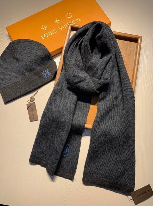 Louis Vuitton Damier Sjaal &amp; Muts Set Blue/Black