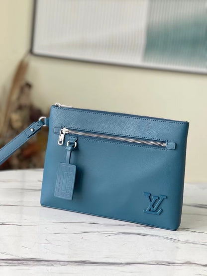 Louis Vuitton Clutch Bag Aerogram Black Leather Blue