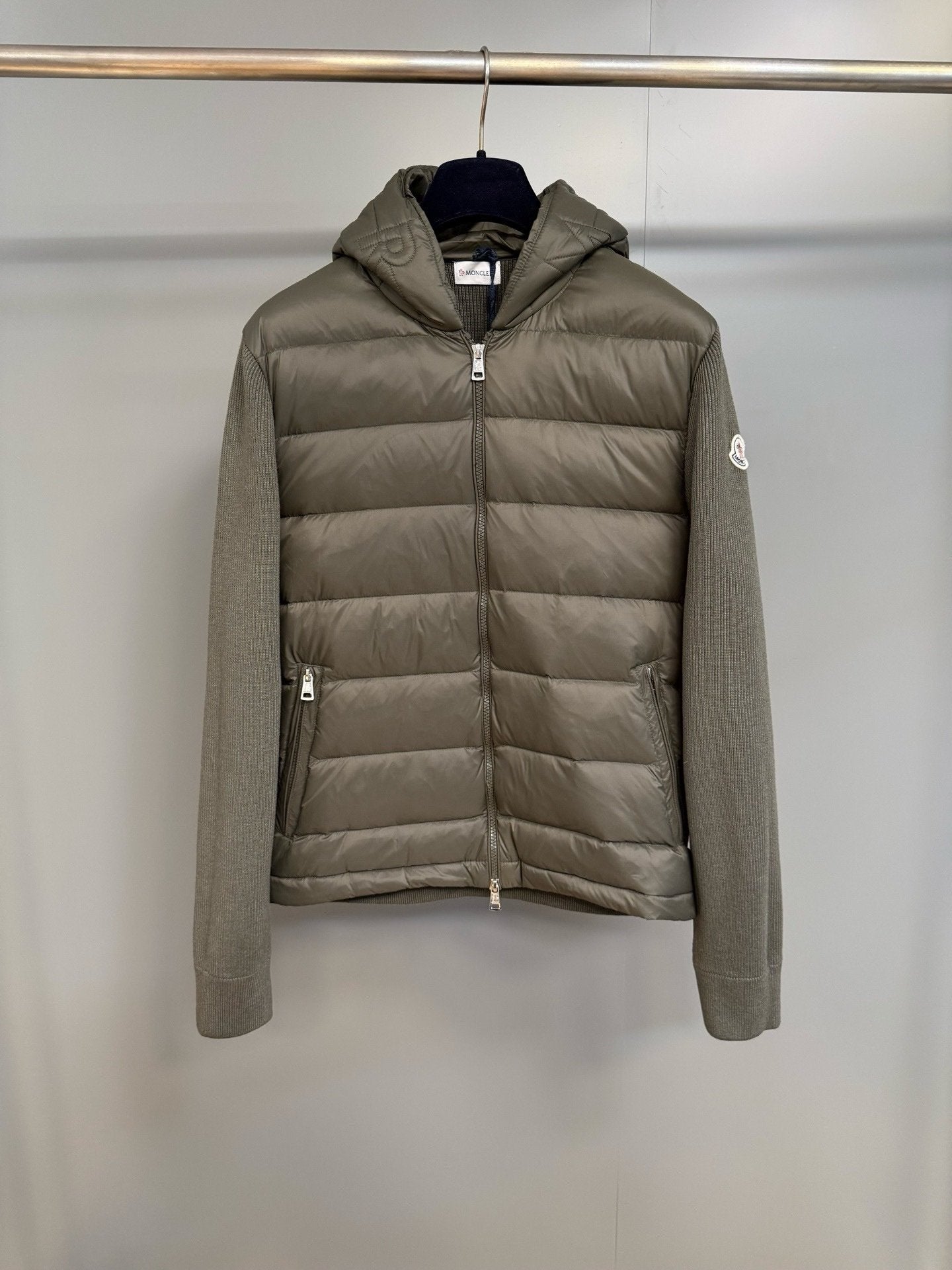 Moncler Padded Wool Knit Zip Up Jacket In Green