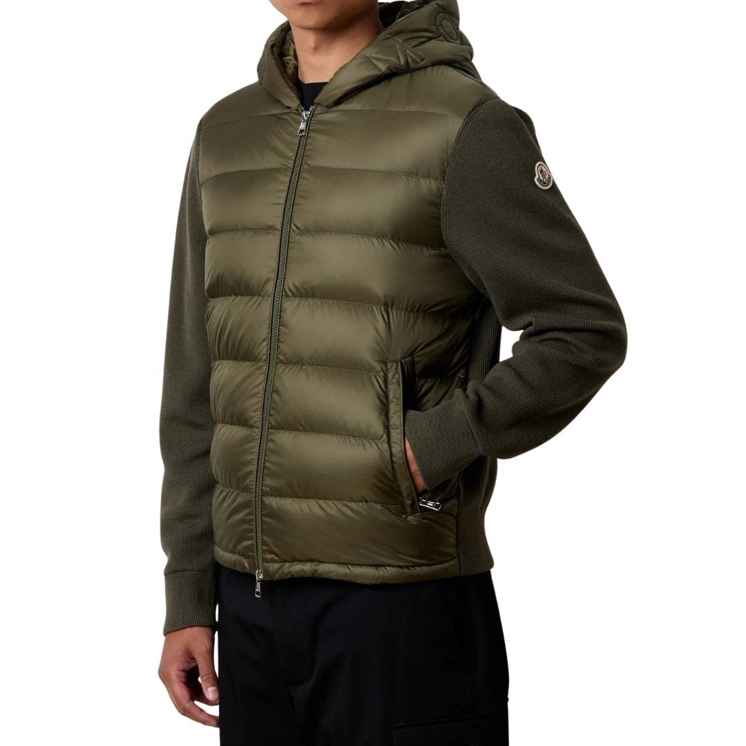 Moncler Padded Wool Knit Zip Up Jacket In Green