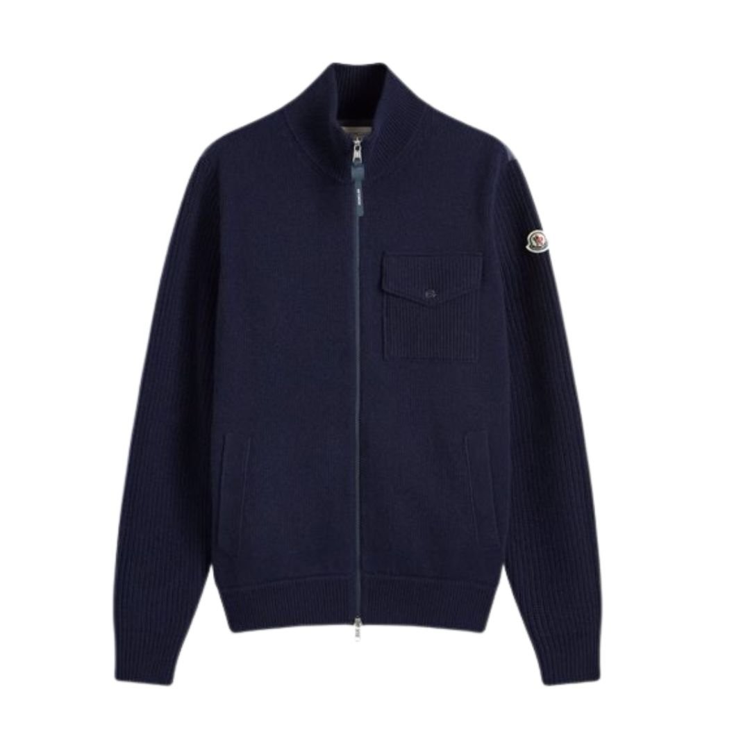 Moncler Navy Zip-Up Down Cardigan Jacket In Navy Blue